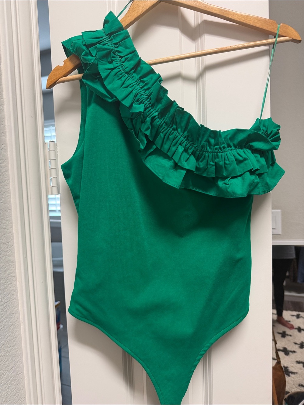 Green Ruffle One-Shoulder body suit tank top - Picture 2 of 2